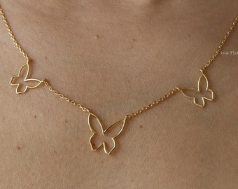 Aesthetic Butterfly Cutout Station Necklace, Gold Wire Thin Outline, Triple Butterflies Stacking, Minimalist, Dainty Bridesmaid Her Gift