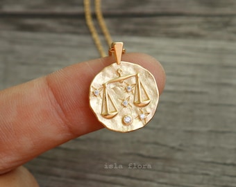 Libra Zodiac Uneven Coin Necklace, Melted Texture Pendant, Dainty Crystal Gem Paved, Minimalist Jewelry, Birthday Bridesmaid, Daughter Gift