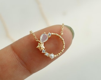 Subtle Gems Circle Necklace, Dainty Star, Dusty Moon Opalite Crystal, Pearl, Celestial, Delicate, Minimalist Jewelry, Her Birthday Gift