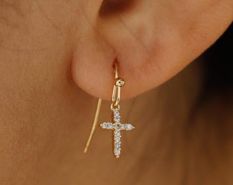 Tiny Cross Earrings, Cubic Dainty Studs, Gold Minimal Jewelry, Christian, bridesmaid, Small Easter, Meaningful Her Gift
