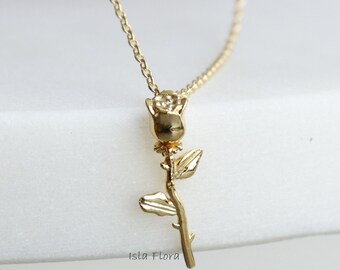 Dainty Single Rose Pendant Necklace, Realistic Thorn, Minimalist Jewelry, bridesmaid Necklace, Gold Delicate Layering Prom Bridesmaid Gift