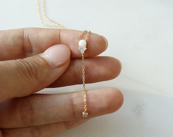 Opal Sleek Lariat Necklace, Dainty Gold Plated Y Crystal Cubic Dangle Chain, Fine Minimalist Jewelry, Bridesmaid, Bridal Aesthetic Her Gift
