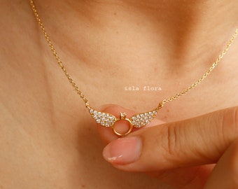 Promise Ring Necklace with Angel Wings, Cubic Paved Gold Plated, Heavenly Guardian Baby Wing, Dainty Minimal, Boho Jewelry, Prom Gift Her
