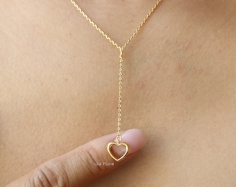 Aesthetic Cutout Heart Lariat Y Necklace, Chic Sweetheart, High Quality, Dainty Charm, Gold Plated, Minimal Jewelry Bridesmaid Gift