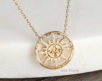 Sun Compass Cutout Brushed Gold Necklace - Find Your True Direction, Fine Gold Plated, Minimalist Jewelry, Dainty Charm, Bridesmaid Gift