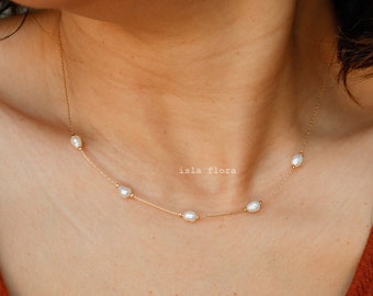 Freshwater Pearl Dainty Satellite Necklace, Gold Plated Coastal Charm, Aesthetic, Sea Ocean Minimalist Jewelry, Pearl Her Bestie Her Gift