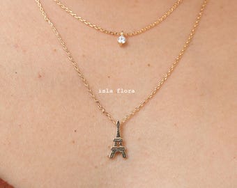 Eiffel Tower Layered Necklace, Single Cubic, Gold Dipped Parisian Charm, Miniature, Minimalist Jewelry Dainty Bridesmaid Her Graduation Gift