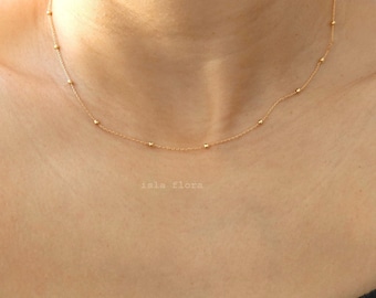 Dainty Minimal Chain Choker Necklace, Gold Plated, Silver 14 inch Satellite Tiny Ball Bead, Bridesmaid, Stacking, Bestie Her Gift