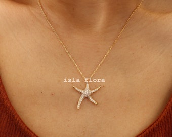 Sparkly Starfish Pendant Necklace, Statement Charm, Crystal Paved Beach Layering, Gold Sea Lover's Shell Coastal Jewelry, Bridesmaid Gift