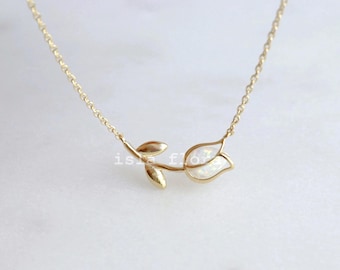 Tulip Double Pendant Necklace, Simple Encased Petal, Gold Silver, Opal Aesthetic, Dainty Birth flower Wedding Jewelry, bridesmaid, Mom Gift