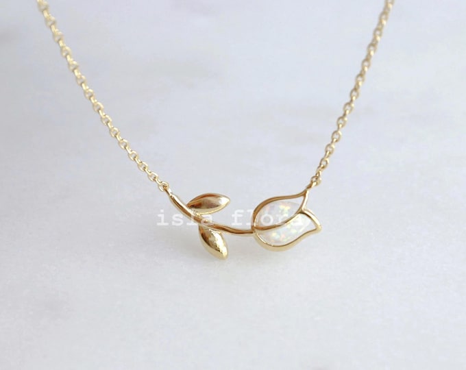 Featured listing image: Tulip Double Pendant Necklace, Simple Encased Petal, Gold Silver, Opal Aesthetic, Dainty Birth flower Wedding Jewelry, bridesmaid, Mom Gift