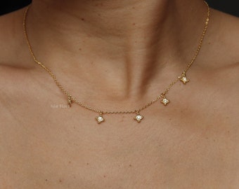 Dainty Mini Cubic Flower Charm Station Necklace, Gold Plated, Dangling Crystal, Bridesmaid, Layering Minimalist, Best Friend Her Gift