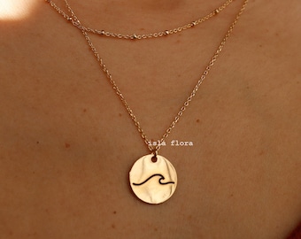 Wave Imprint Coin Necklace, Double Layer, Simple Aesthetic 18k Gold Dipped Statement, Coastal Minimalist Jewelry, bridesmaid Bestie Her Gift
