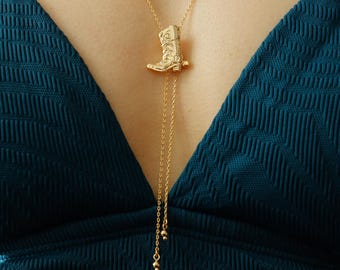 Dainty Cowboy Cowgirl Boots Pendant, Bolo Long Chain Necklace, Gold Silver Western Hat Glam Boho, Boot, Country Jewelry Bridal Her Gift