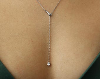 Snake Waterdrop Lariat Necklace, Dainty Cubic, Simple Sleek Chain, Gold Silver Jewelry, Bridesmaid, Bridal Western Aesthetic Her Gift