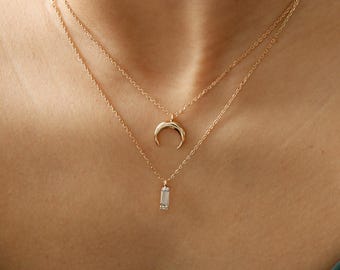 Crescent Horn and Baguette Pendant Layered Necklace, Dainty Moon Aesthetic Gold Dipped, Minimalist Jewelry, bridesmaid Her Gift
