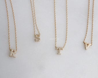 Dainty Letter Initial Necklace 18k Gold Dipped Brushed Tiny R S T V Block Pendant, Personal Jewelry, Cute Bridesmaid Best Friend Gift