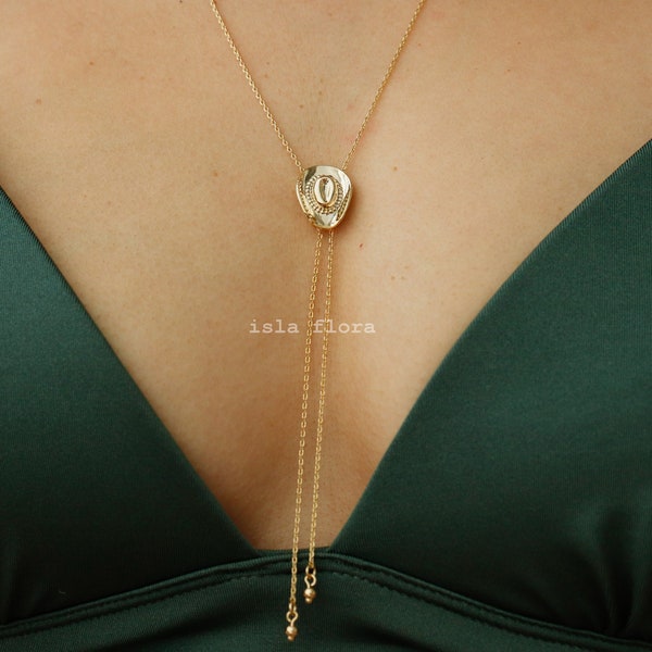 Dainty Cowboy Cowgirl Hat Pendant 29" Bolo Long Chain Necklace, Gold Silver Western, Boots, Country, Minimal Jewelry bridesmaid Her Gift