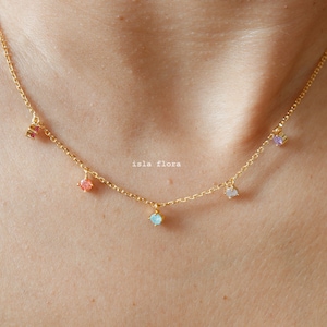 Ultra Dainty Pastel Rainbow Cubic Charm Station Necklace, 18K Gold Dipped, Dangling Crystal, Bridesmaid, Layering Minimalist, Bestie Gift