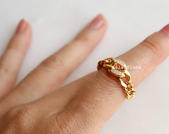 Roll on Curb Chain Ring, Crystal Paved Gold Dipped Silver Bling Ring, Stackable, Aesthetic, Fine Detailed, Minimalist, Her Gift