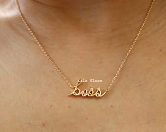 Cute Lowercase Boss Cursive Script Necklace, 18k Gold Dipped Artistic Society, Fun, Boss lady Cosplay, IslaFlora, Minimalist Jewelry Gift