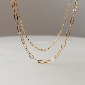 Dubbellaagse schakelketting, 18k goud gedimde sierlijke glamour, kleine bolletjes kralen glamour, landelijk, minimalistische sieraden, cadeau bruidsmeisje bestie