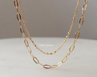Double Layer Chain Link Necklace, 18k Gold Dipped Dainty Glamour, Tiny Ball Beads Glam, Country, Minimalist Jewelry, bridesmaid Bestie Gift