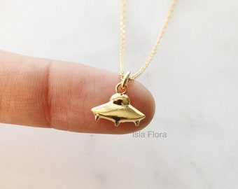Small UFO Pendant Necklace, Flying Saucer Gold Plated, Dainty Simple, Minimalist Jewelry, bridesmaid Necklace, Mothers Day Gift