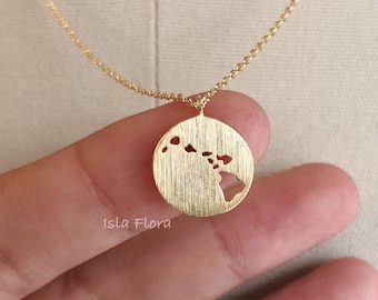 Hawaii Cutout on Brushed Circle Pendant Necklace, Plated Chain, Dainty Minimalist Jewelry, Quality Made, bridesmaid, Vacation Gift