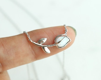 Dainty Tulip Necklace, Opal Encased Petal Flower Pendant, Simple, Silver Gold, Minimal Jewelry, bridesmaid, Wedding Party, Her Gift