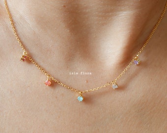 Ultra Dainty Pastel Rainbow Cubic Charm Station Necklace, 18K Gold Dipped, Dangling Crystal, Bridesmaid, Layering Minimalist, Bestie Gift