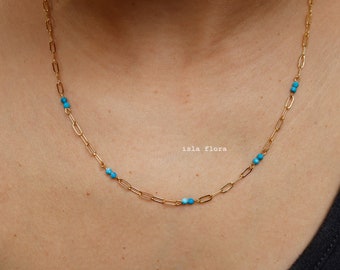 Dainty Blue Turquoise Gem Oval Chain Link Necklace, 18k Gold Dipped Paperclip Layering, Minimalist Jewelry, Bridesmaid Bestie Vacation Gift