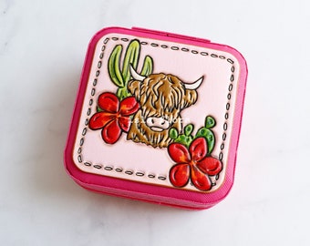 Highland Cow Pink Jewelry Box, Cute Desert Cow Tooled Vegan Leather Case, Mini Travel Zip Pouch, Perfect Gift, Western, Nature Rustic Cactus