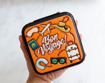 Bon Voyage Mini Travel Jewelry Case, Cute Vacation Art Tooled Vegan Leather Box, Zip Pouch, Perfect Bridesmaid Gift, Traveling Explorer