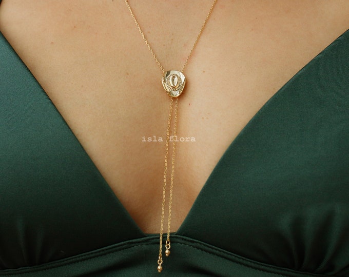 Featured listing image: Dainty Cowboy Cowgirl Hat Pendant 29" Bolo Long Chain Necklace, Gold Silver Western, Boots, Country, Minimal Jewelry bridesmaid Her Gift