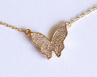 18k Gold Dipped CZ Studded Tiny Butterfly Pendant Necklace, Gold Plated, Adjustable Chain, Dainty Minimalist Jewelry, Layering Necklace Gift