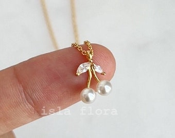 Cherry Charm Necklace, Faux Pearl Cherries with Crystal Marquise Leaves, Dainty Fruit, Fine Minimalist Jewelry, Bridesmaid Bestie Teen Gift