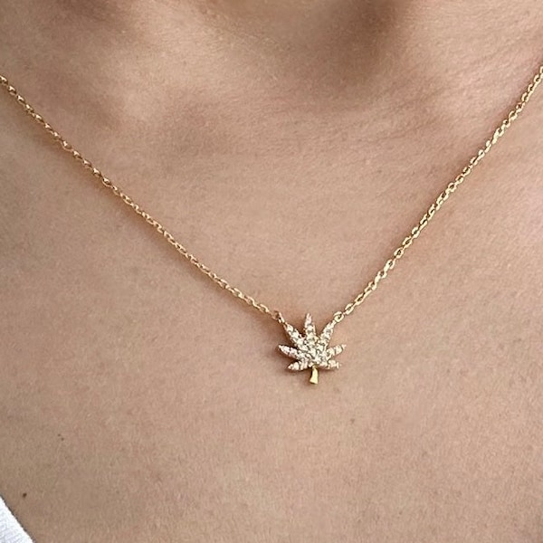 18k Gold Dipped Cubic Studded Hemp Leaf Pendant Necklace, Weed, 420, Marijuana, Dainty, Minimalist Jewelry, bridesmaid, Mothers Day Gift