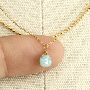 Tiny Aqua Teardrop Stone Pendant Necklace,  Double Chain, Dainty Minimalist Jewelry, bridesmaid Necklace, Birthday Her Gift