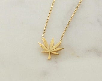 Brushed Hemp Leaf Pendant Necklace, Realistic Gold Plated, Earthy, 420 MJ, Dainty Minimal Jewelry, Marijuana Leaf, Festival Her Gift