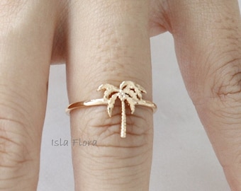 18k Gold Dipped Dainty Palm Tree Ring, Dreaming Under the Shade, Realistic Coconut, Adjustable, Minimalist, Bridesmaid Best Friend Gift