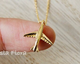 Small Airplane Pendant Necklace, Wings, Airline Good Luck Gold Plated, Dainty Minimalist Jewelry, Layering Vacation Graduation Gift