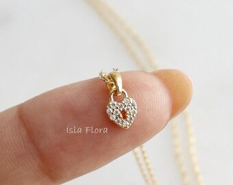Tiny Heart Lock Necklace, Gold Plated, Dainty Micro Heartlock, Lovelock, Keyhole, Minimalist Jewelry, Bridesmaid Best Friend Gift Her