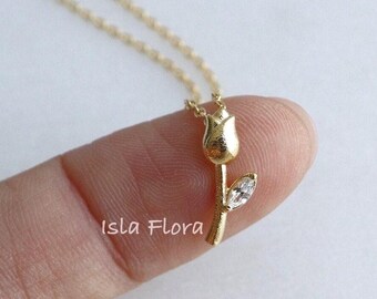 Dainty Pre Bloom Tulip or Rose Flower with Crystal Leaf Necklace, Minimal Gold Jewelry, bridesmaid, Mother, Delicate Fine Layering Her Gift