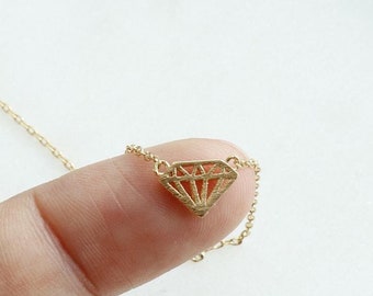Brushed Tiny Gem Shape Cutout Charm Necklace, Gold Plated, Delicate Fine Detail, Minimalist Jewelry, bridesmaid Graduation Her Gift