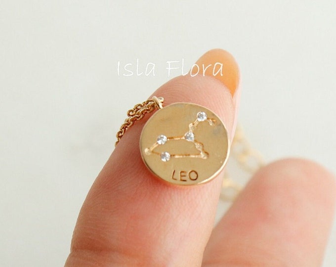 Leo Zodiac Constellation Imprint Crystal Gem Paved Stamped Coin Necklace, Dainty 18k Gold Dipped, Minimalist Jewelry, birthday Gift