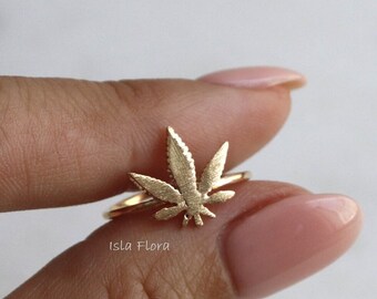 18k Gold Dipped Weed Leaf Ring, Brushed Marijuana Leaf Hemp, Statement, Stackable, Detailed, Adjustable, Best Friend, Minimalist Gift
