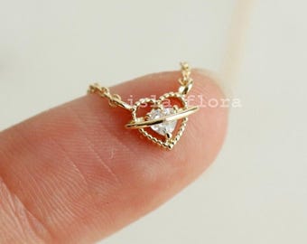 Tiny Saturn Crystal Heart Necklace, detailed Aesthetic, Dainty Minimalist, Cupid Love, Gold Plated, Cubic y2k Jewelry, Bridesmaid Her Gift