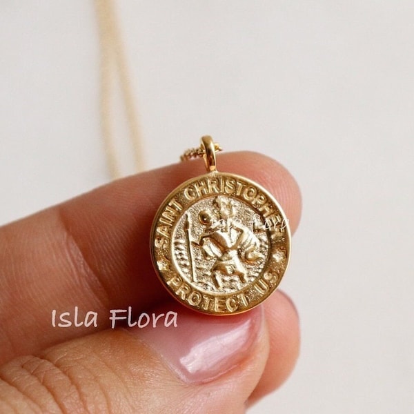 St. Christopher the Patron Coin Pendant 18k Gold Dipped Necklace, Protection, Traveler's Charm, Minimalist Jewelry, Vacation Bestie Gift