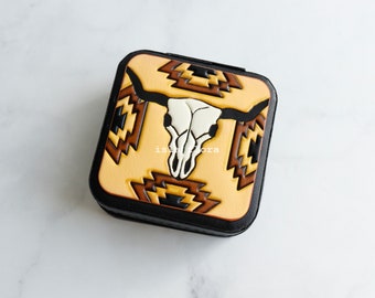 Steer Head Mini Travel Jewelry Case, Cute Cow Pattern, Tooled Vegan Leather Box, Zip Pouch, Perfect Bridesmaid Gift, Aztec Tribal Desert